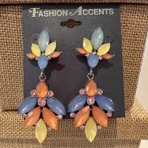 NWT Fashion Accents Earrings silver tone w/ peach, yellow & lt blue jewels